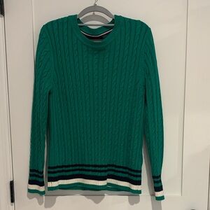 Tommy Hilfiger Green Cable Knit Sweater with Striped Hem